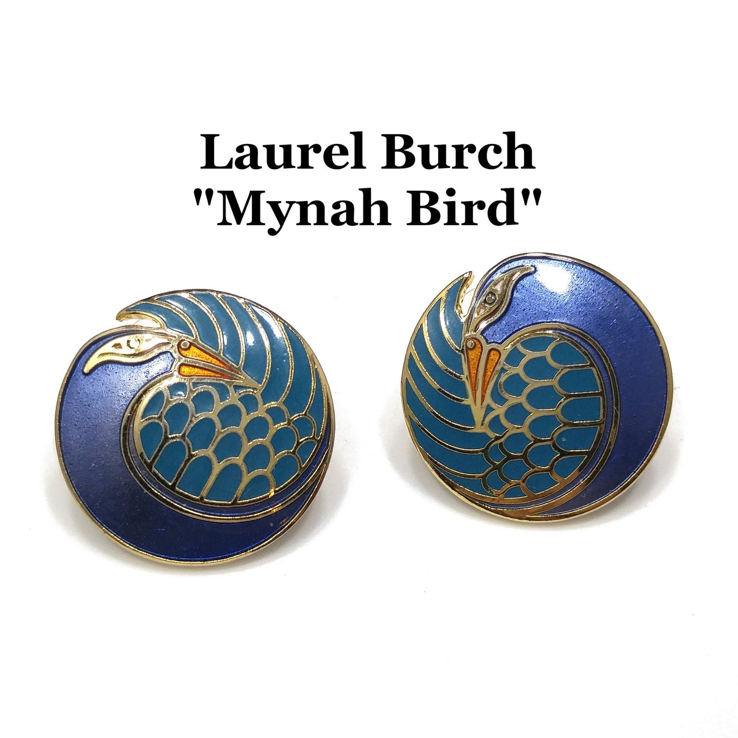 Laurel Burch "Mynah Bird" Blue Post Earrings, Gold Plated Cloisonné, 1980s