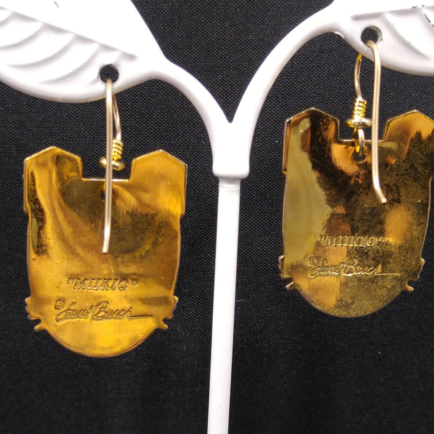 Laurel Burch "Miikio" Earrings, Gold Plated Enamel Large Cat Faces, 1980s Vintage Jewelry