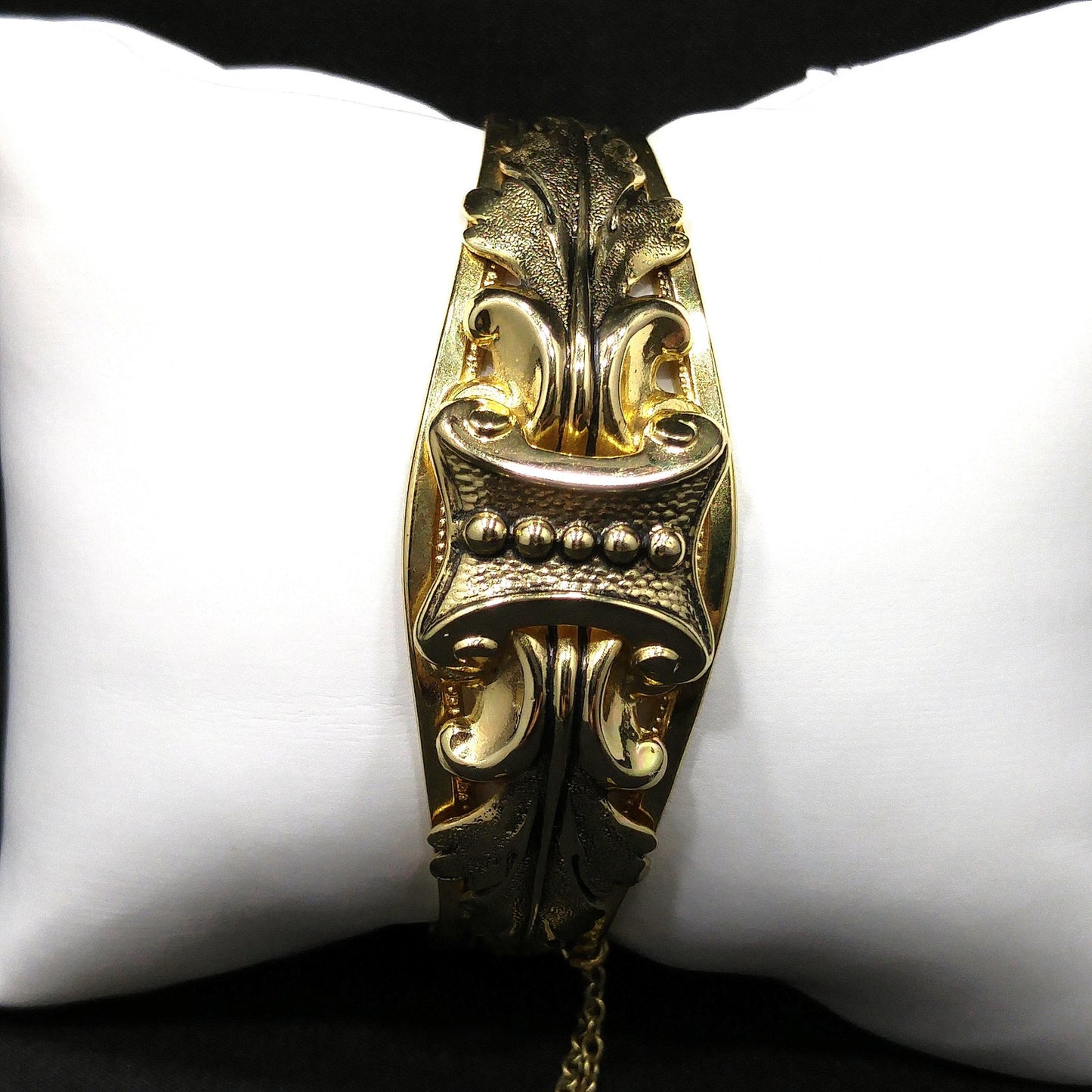 Whiting & Davis Gold Plated Hinged Bracelet, Safety Chain, Snap Lock Clasp, 1960s Vintage Jewelry