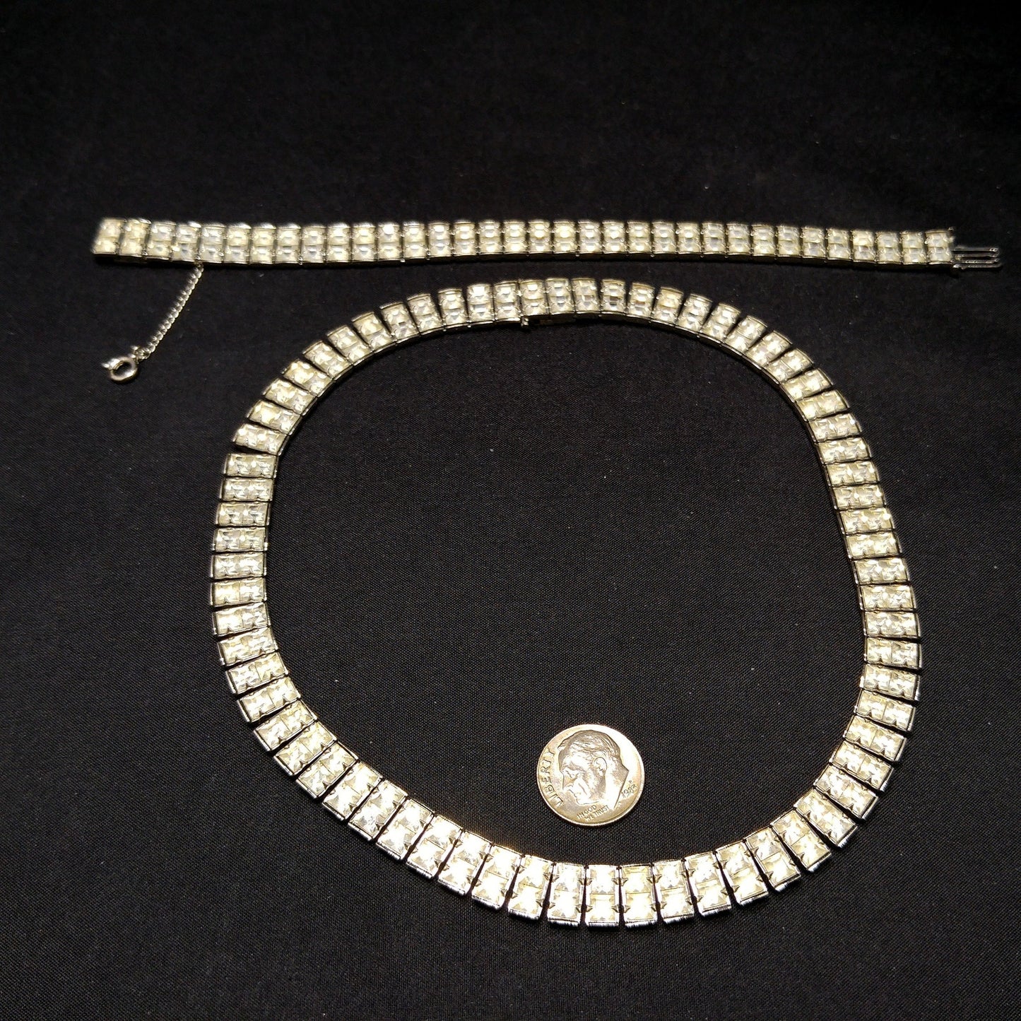 Art Deco Clear Rhinestone Choker Necklace Bracelet Set, Wedding Bridal, 1950s Vintage Jewelry