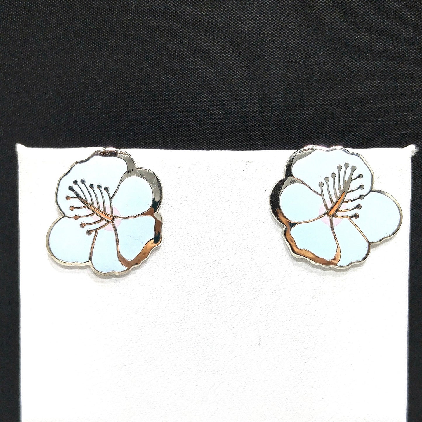 Vintage Laurel Burch "Hibiscus" Blue Post Earrings, Rhodium Plated Silver Tone