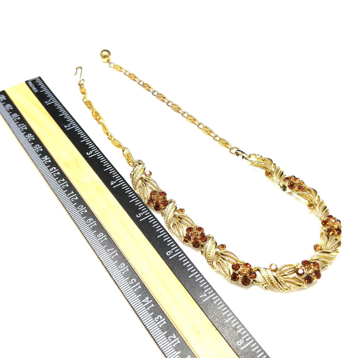 Lisner Topaz Rhinestone Floral Choker Necklace, Gold Plated, 1950s Vintage Jewelry