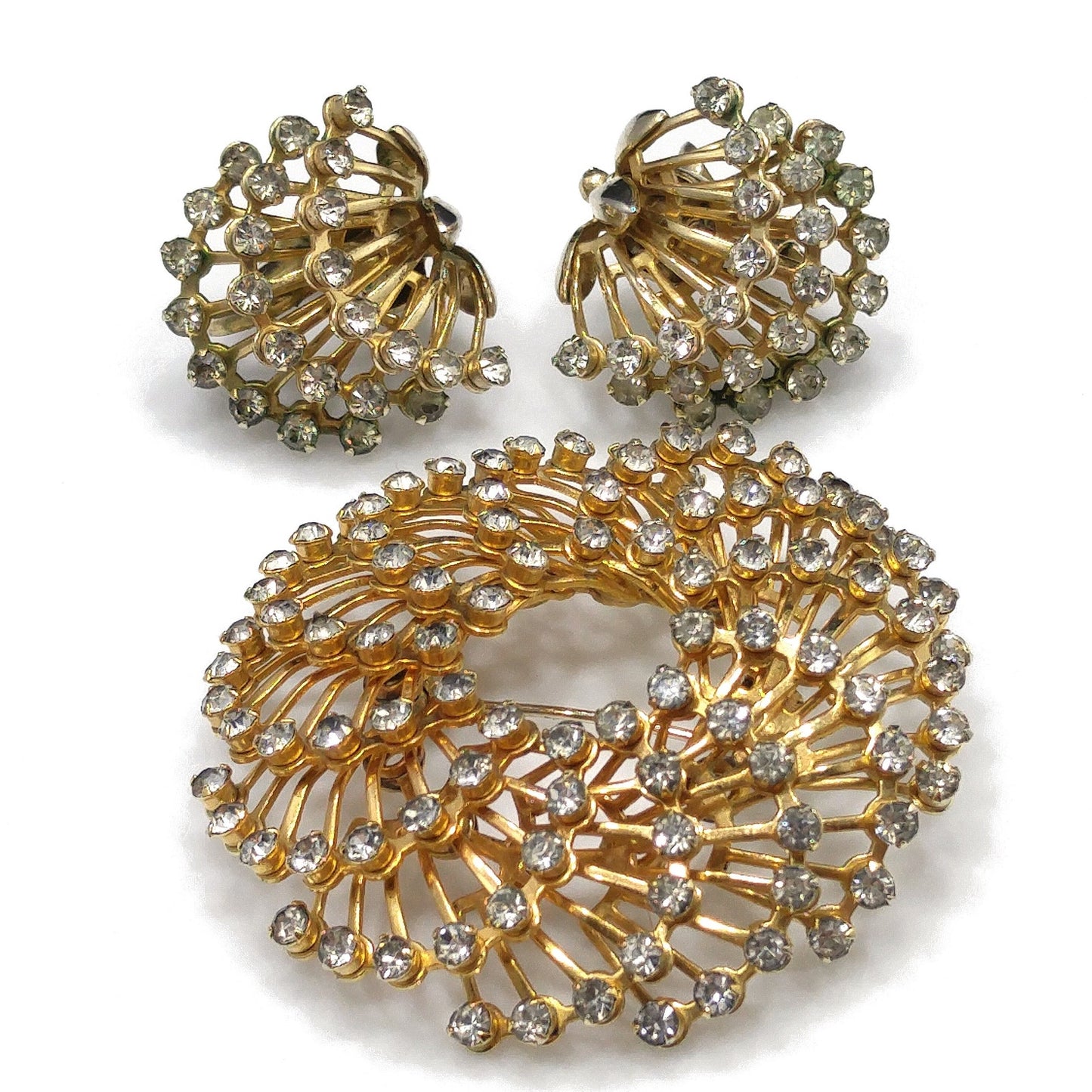 Vintage Hattie Carnegie Rhinestone Brooch & Earrings, Gold Plated, 1950s