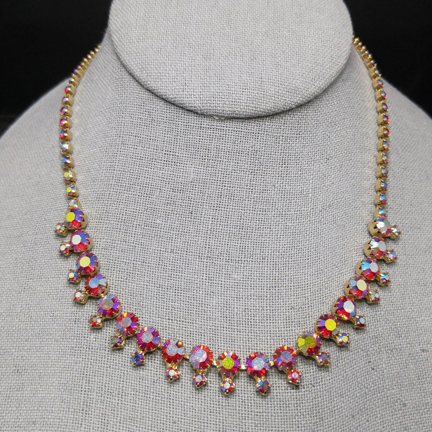 Red Rhinestone Aurora Borealis Choker Necklace, Gold Plated, 1960s Vintage Jewelry