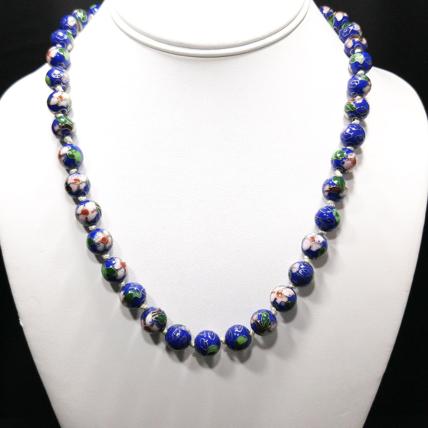 Vintage 1960s Chinese Cloisonné Blue Floral Bead Necklace 20" Hand Knotted