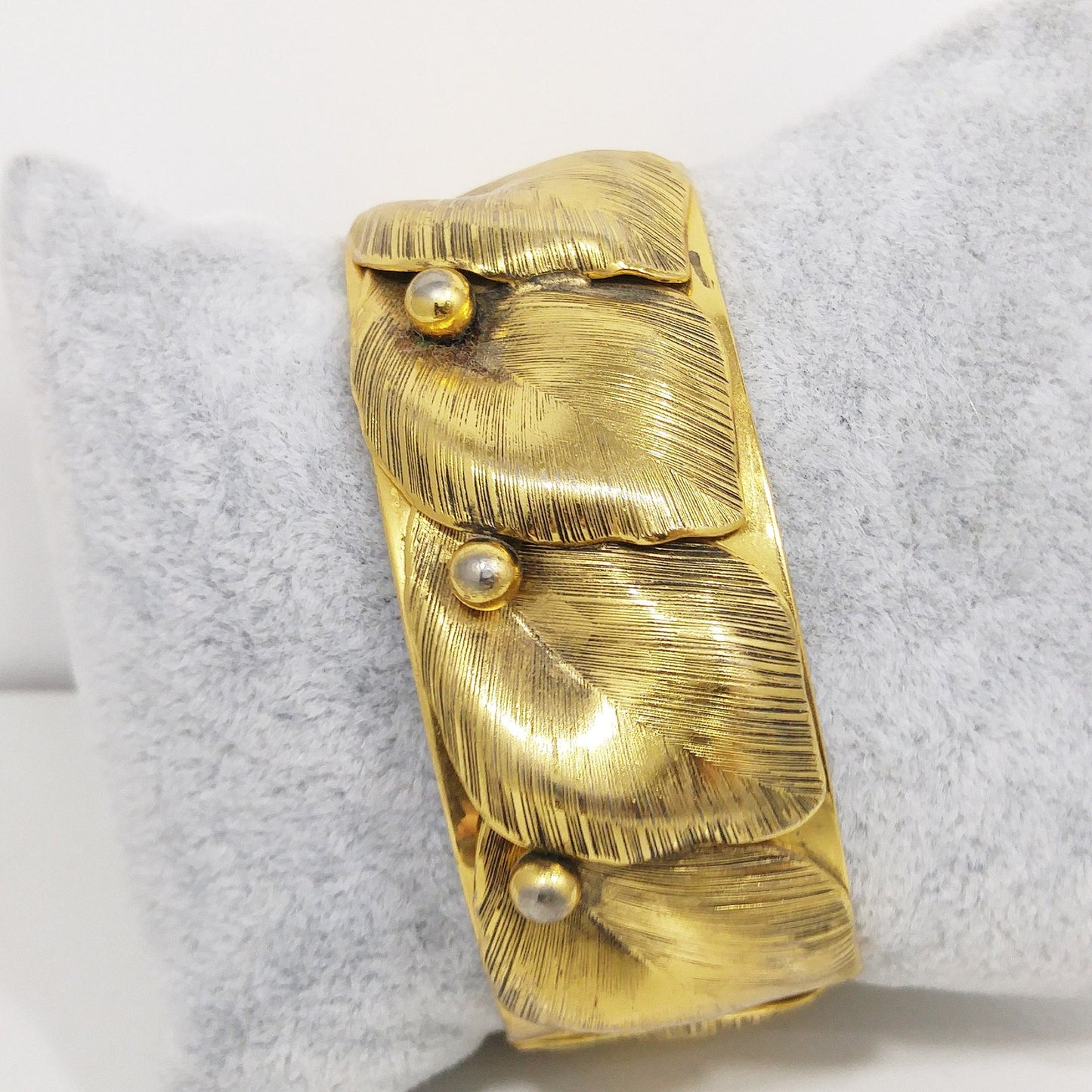 Whiting & Davis Gold Plated Leaf Bracelet, Hinged Wide Clamper, 1950s Vintage