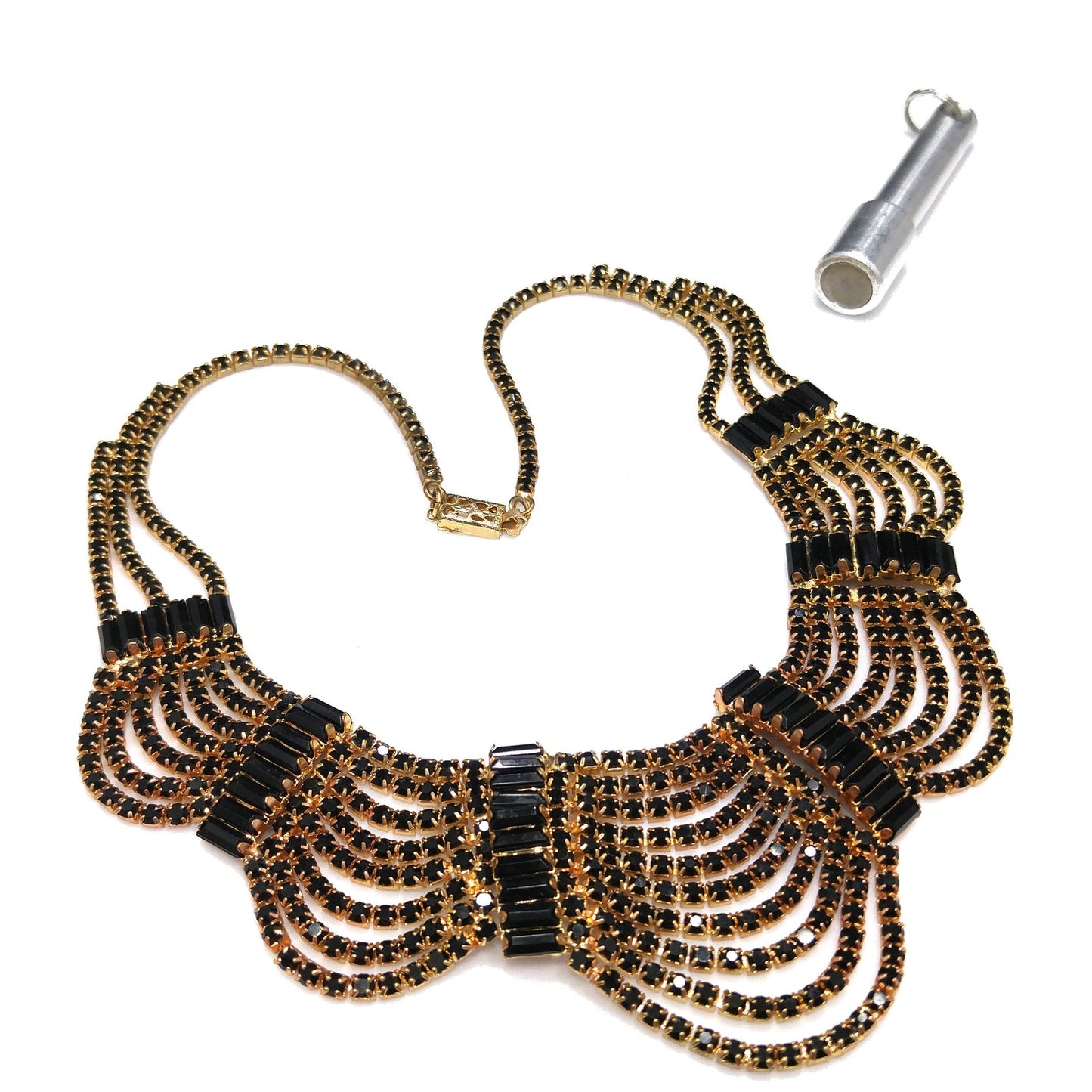 Black Rhinestone Festoon Necklace, Gold Plated, 1950s Vintage Jewelry