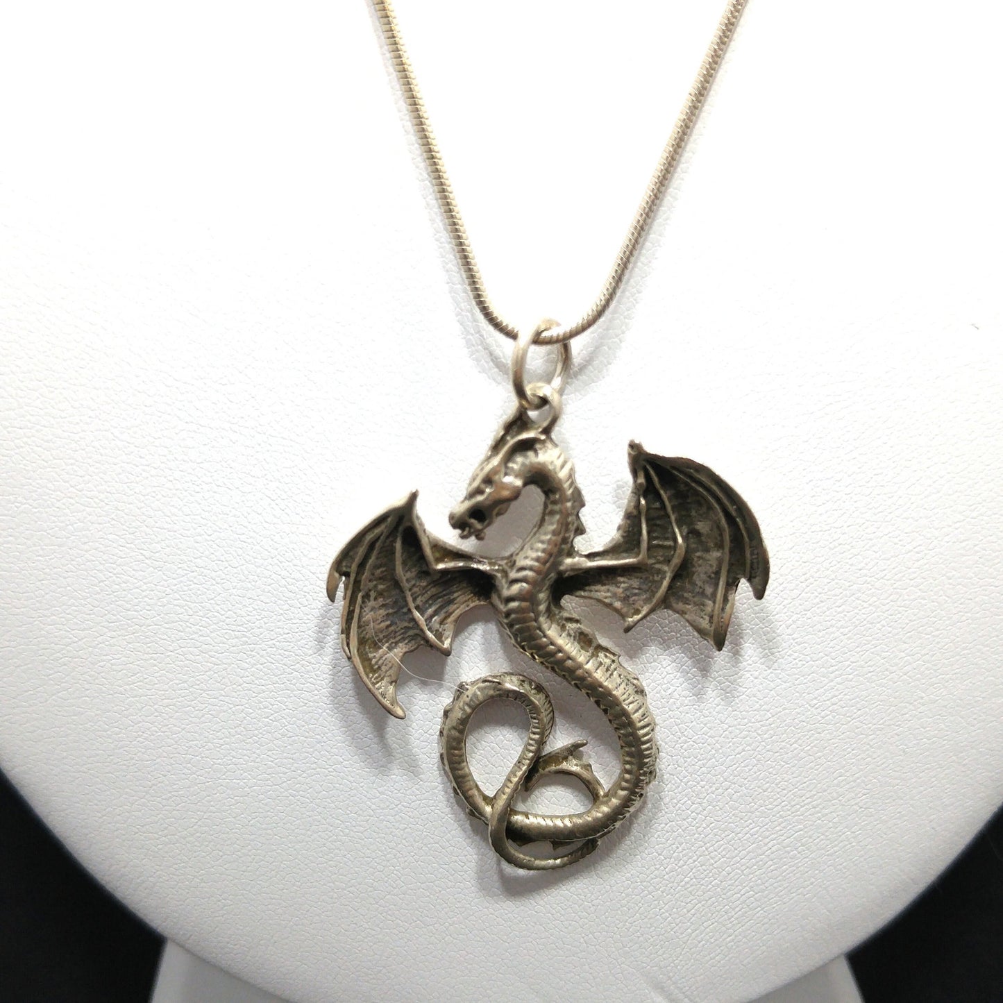 Silver Dragon Pendant Necklace, 925 Italy Snake Chain, 1970s Vintage Jewelry