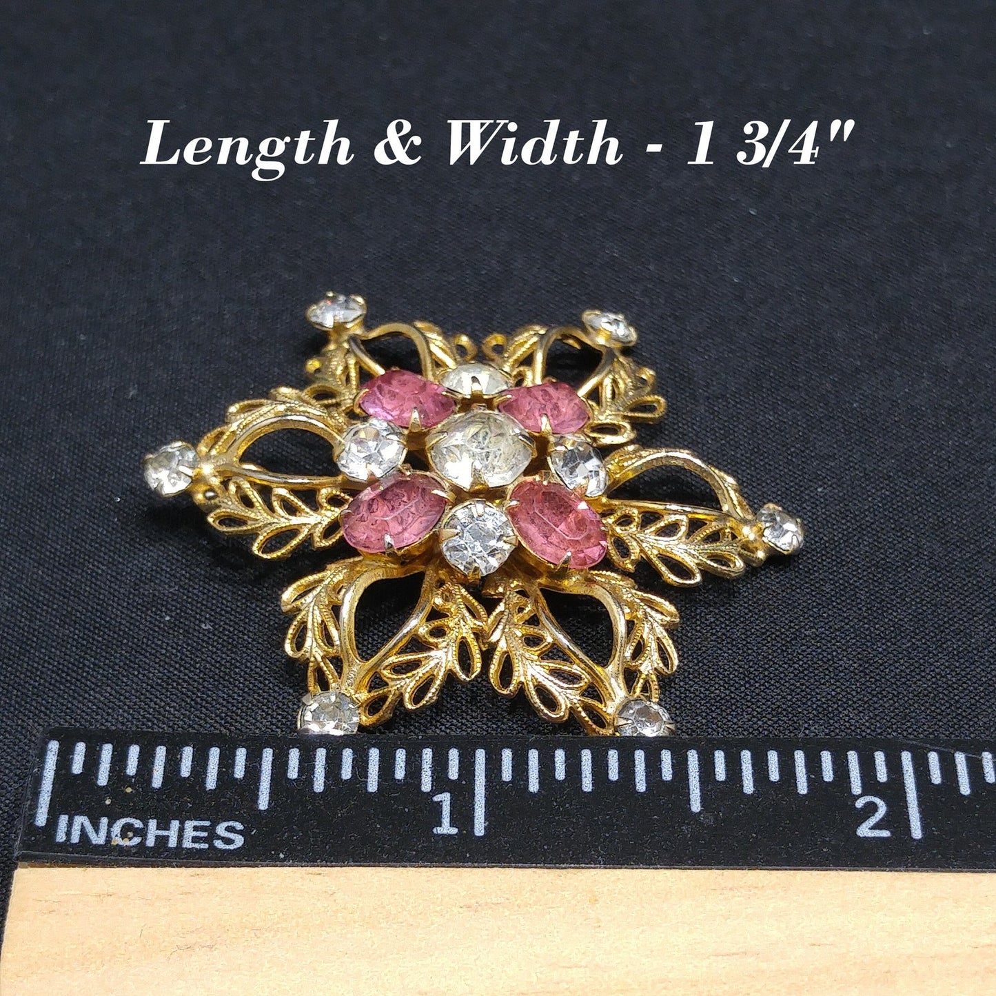 Scitarelli Mid-century Pink Clear Rhinestone Floral Brooch Pendant, 1950s Vintage Jewelry