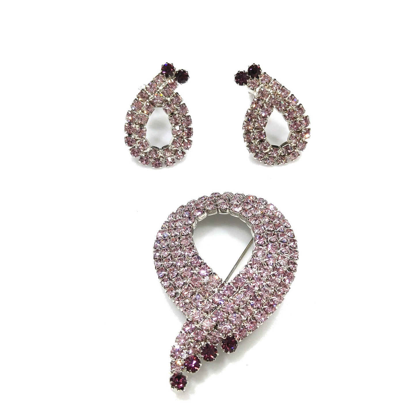 Purple Lavender Rhinestone Brooch & Earrings Set, Mid Century Modern, Rhodium Plated, 1960s Vintage Jewelry