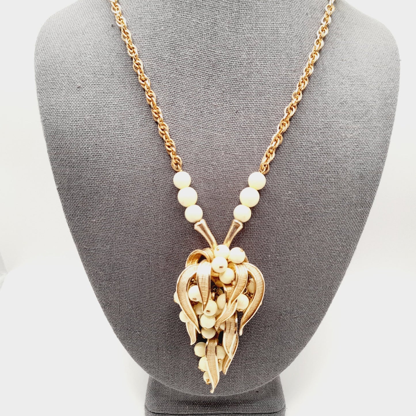 Vintage Articulated Fruit Pendant Gold Tone White Bead Necklace, 24 Inches