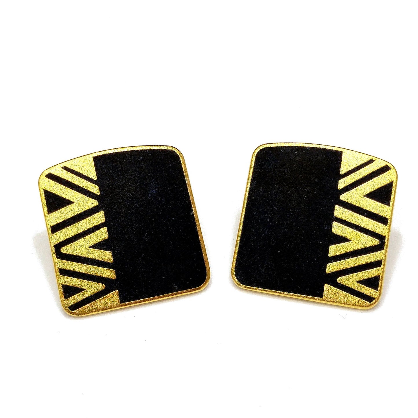 Laurel Burch "Naito" Post Earrings, Black Cloisonné, Gold Plated, 1980s Vintage