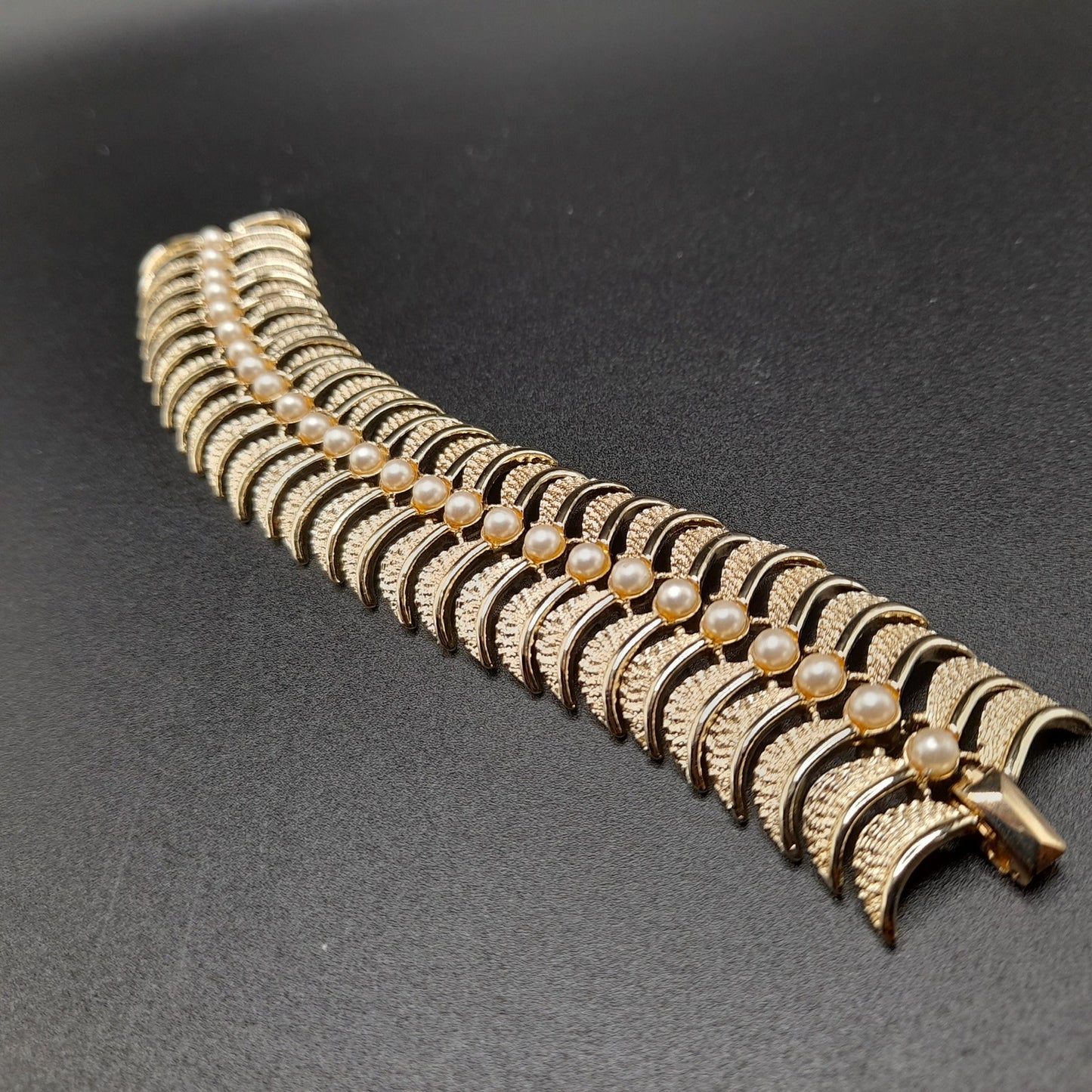Vintage Kramer Wide Bracelet, Faux Pearls, Gold Plated, 1960s Jewelry