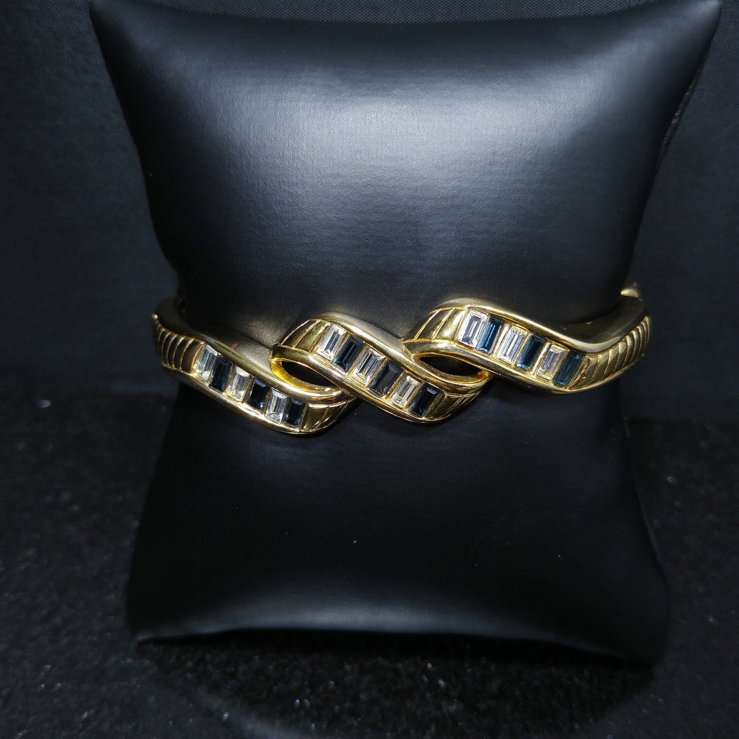 Swarovski Blue Rhinestone Hinged Bracelet, Gold Plated, 1970s Vintage Jewelry