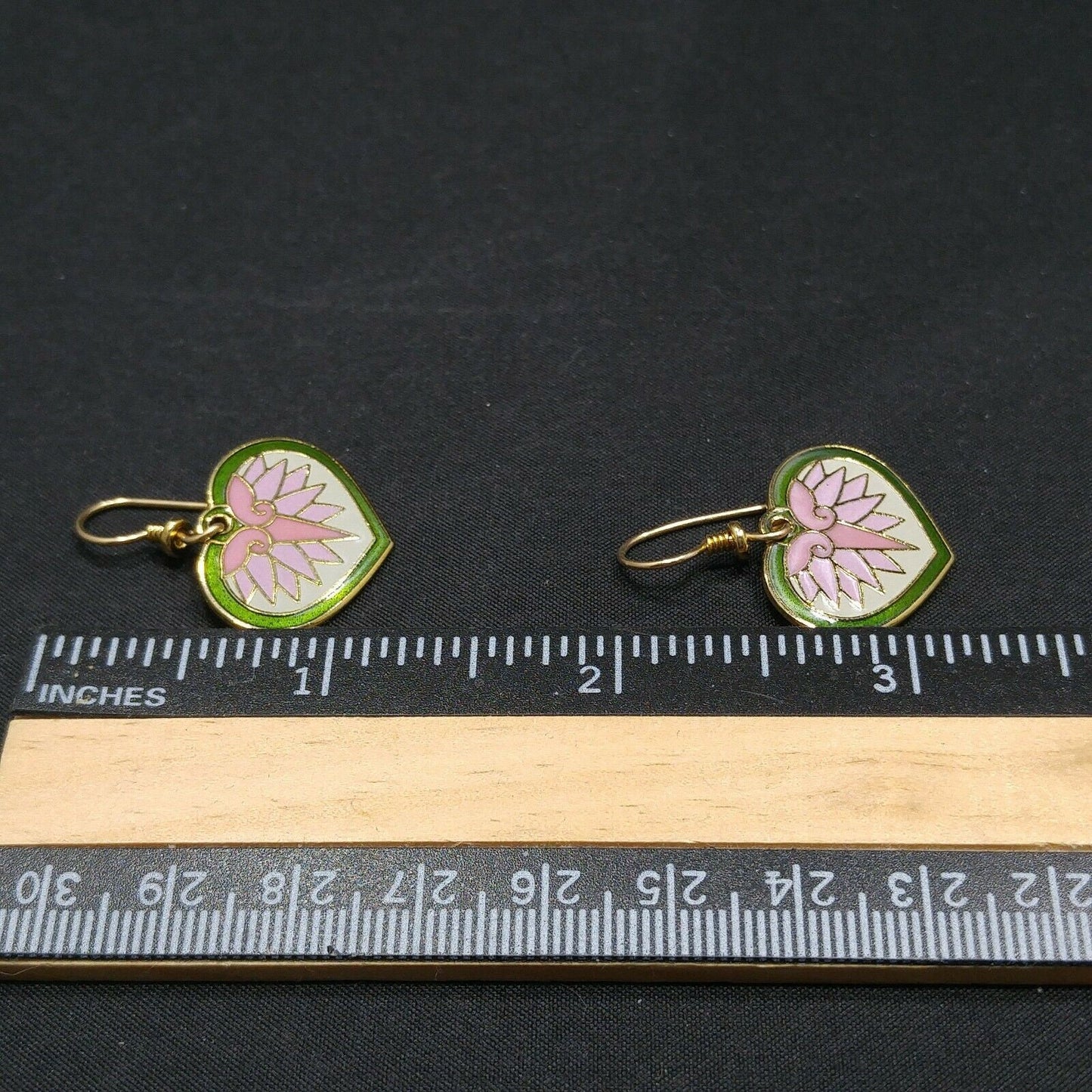 Laurel Burch Hollyhock Floral Earrings, Gold Plated Cloisonne, Enamel, 1980s