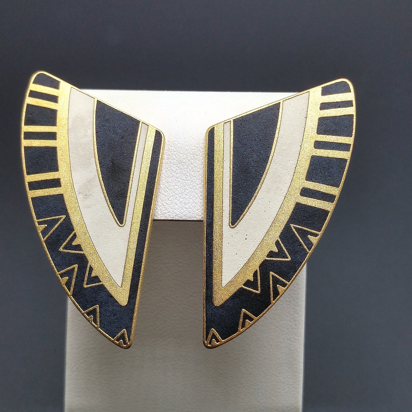 Laurel Burch Geometric Large Clip Earrings, Black White Enamel, Gold Plated, 1990s Vintage Jewelry