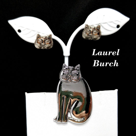 Laurel Burch Cat Brooch & Earrings, Rhodium Plated, 1980s Vintage Jewelry