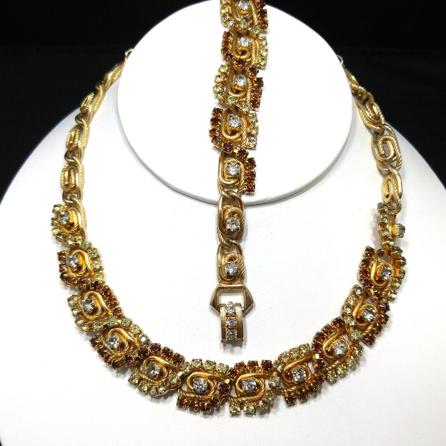 Hobe' Topaz Lt. Green Clear Rhinestone Necklace Bracelet Set, Gold Plated, 1960s Vintage Jewelry
