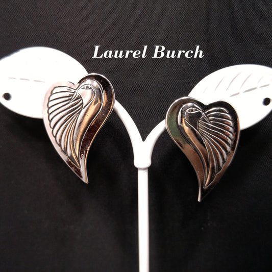 Vintage Laurel Burch Bird Heart Post Earrings, Rhodium Plated