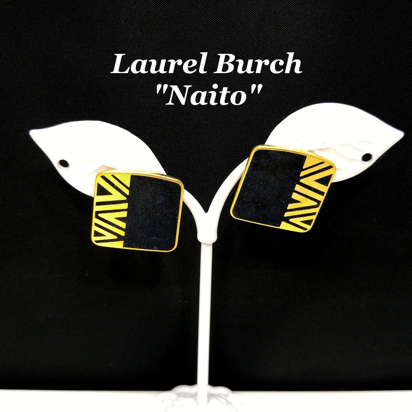 Laurel Burch "Naito" Post Earrings, Black Cloisonné, Gold Plated, 1980s Vintage