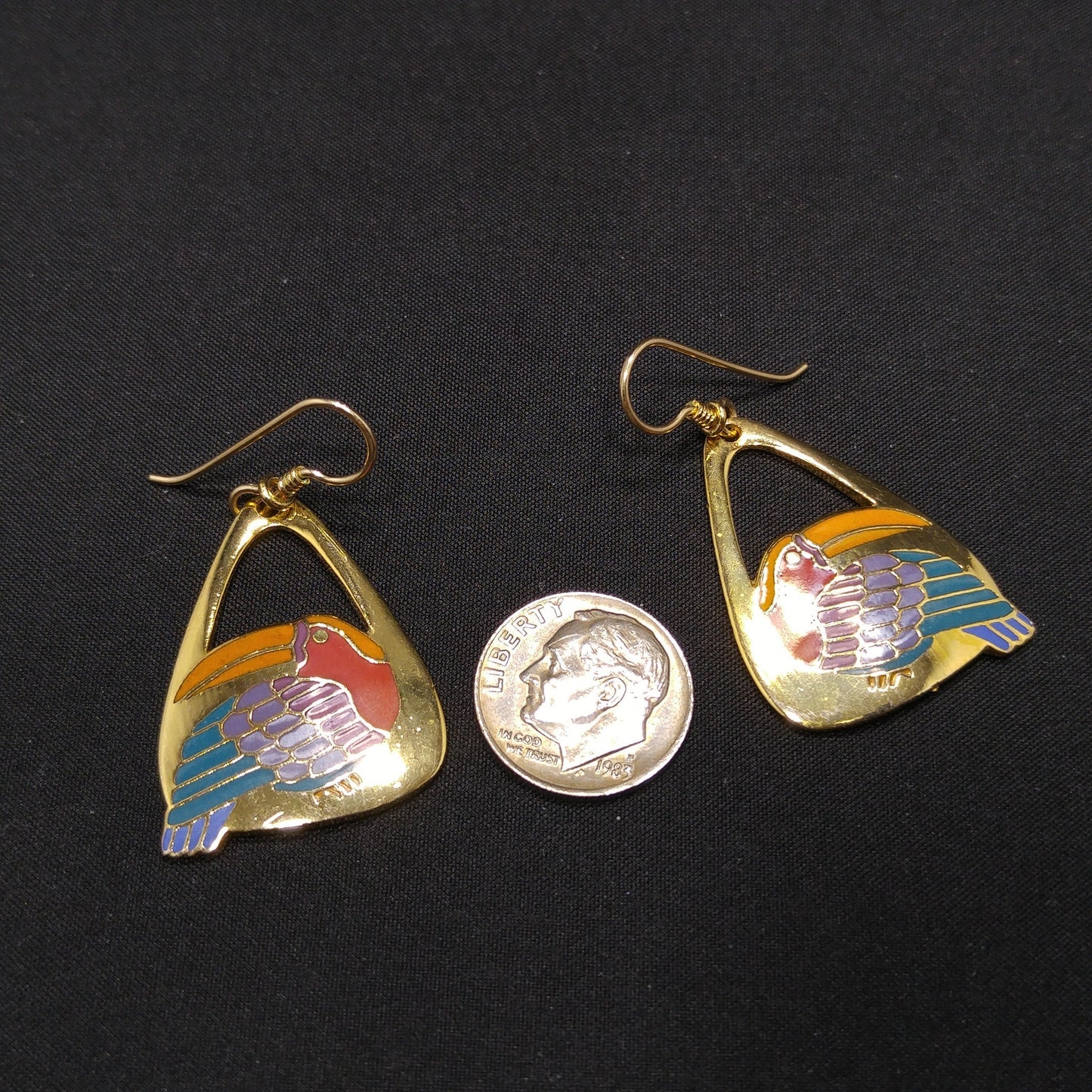Laurel Burch Toucan Bird Earrings, Gold Plated Cloisonne Enamel, 1980s Vintage Jewelry