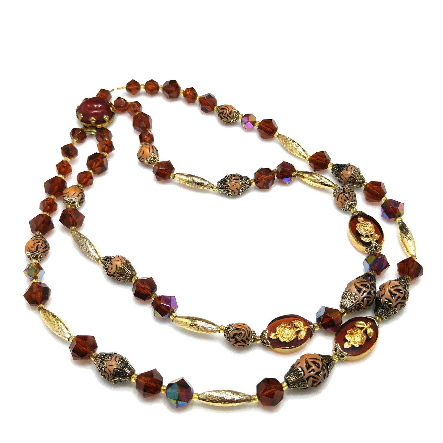 Western Germany Art Bead Floral Necklace, Two Strands, Button Box Clasp, 1950s Vintage Jewelry