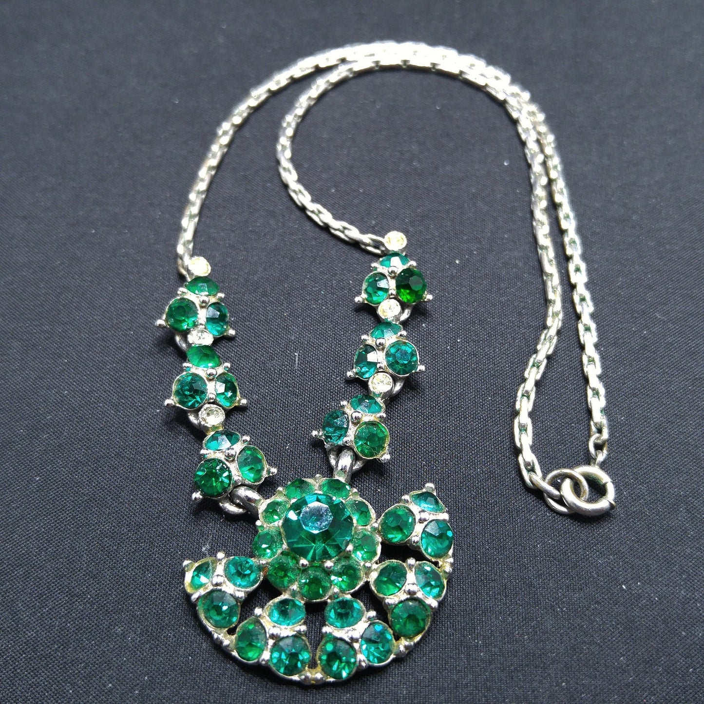 Bogoff Green Rhinestone Pendant Choker Necklace, Rhodium Plated, 1940s Vintage Jewelry