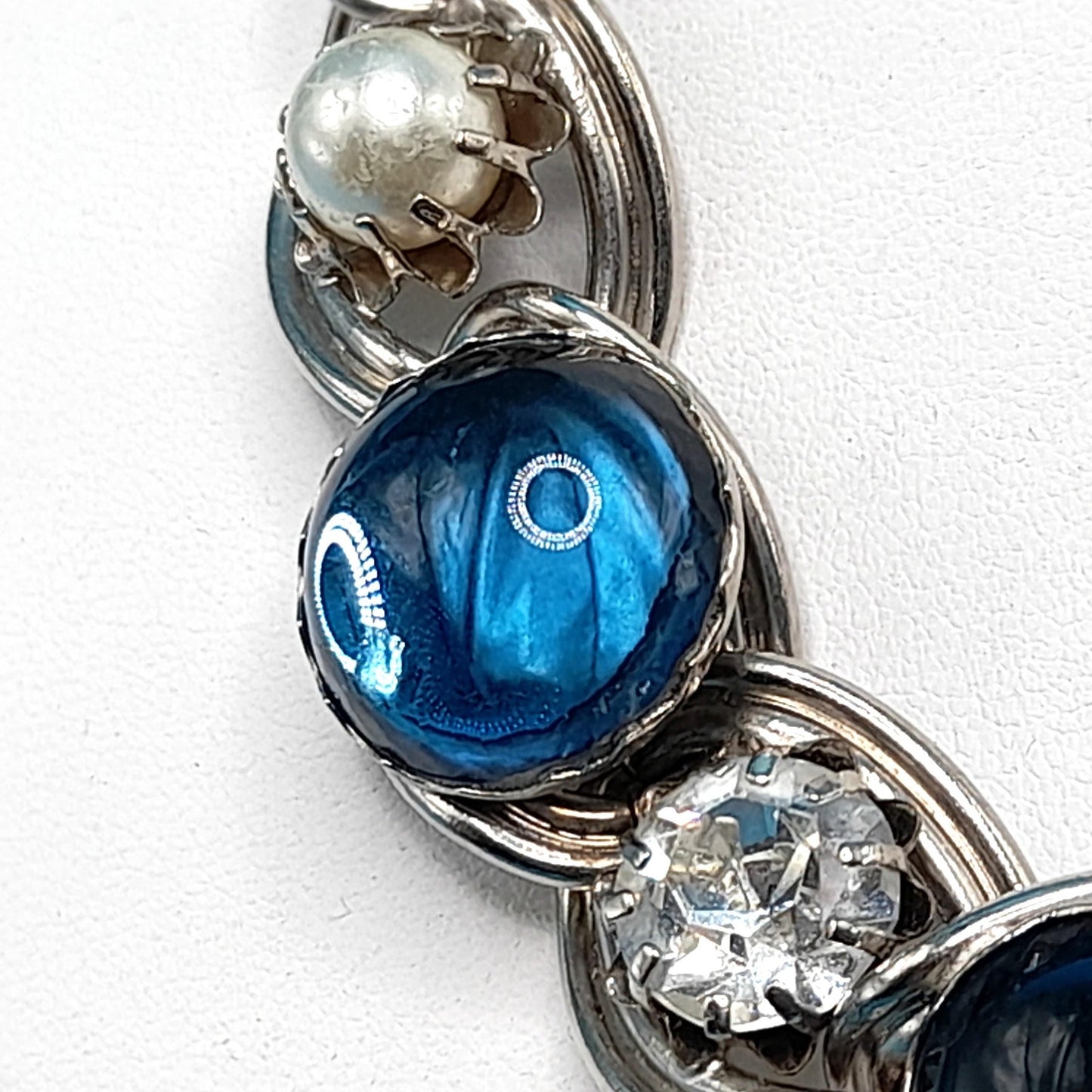 Vintage Blue Cabochon Choker Necklace, Faux Pearls, Clear Rhinestones, 1950s Vintage Jewelry