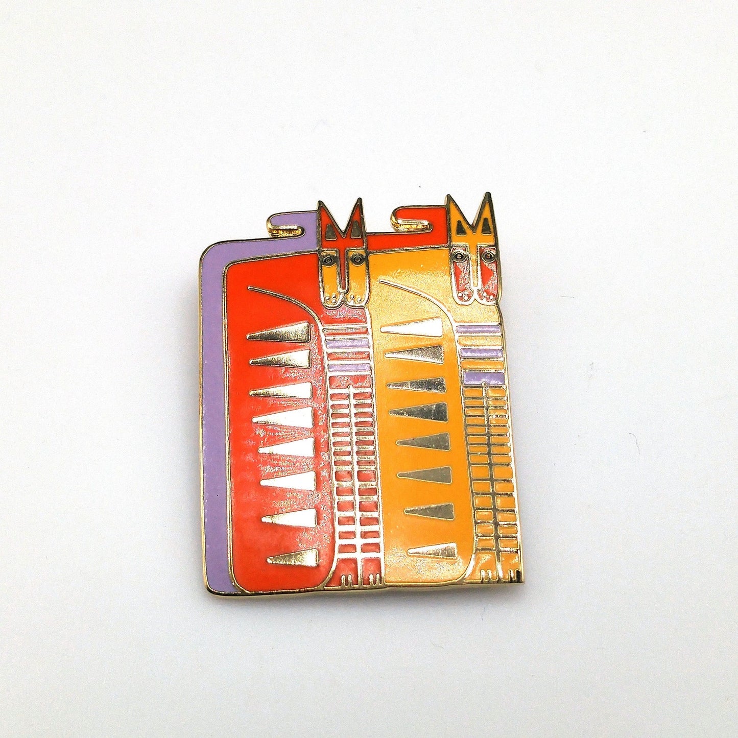 Laurel Burch "Egypticat" Brooch, Cloisonne Gold Plated, Yellow Orange Enamel Cats, 1980s Vintage Jewelry