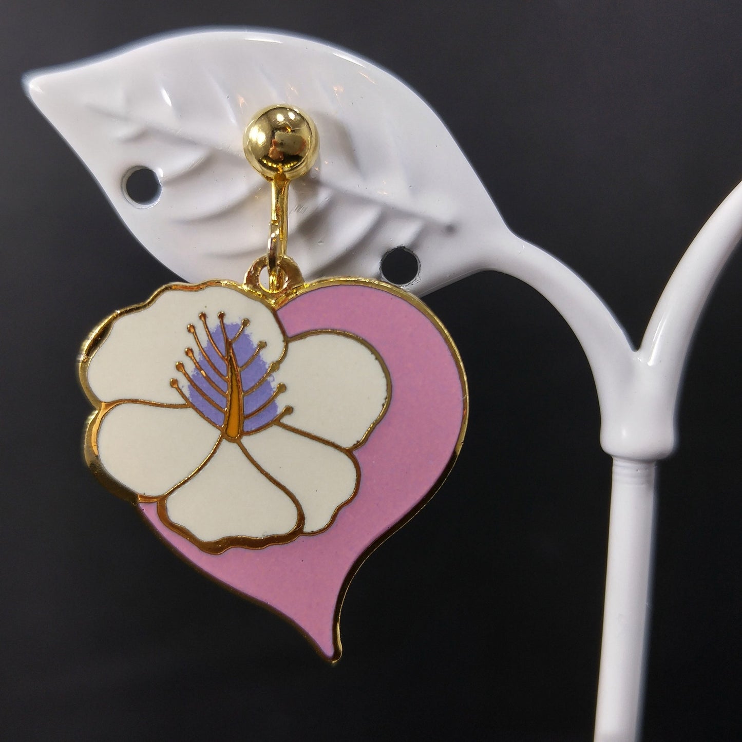 Vintage Laurel Burch "Hibiscus Heart" Clip Earrings, Cloisonne Gold Plated, 1980