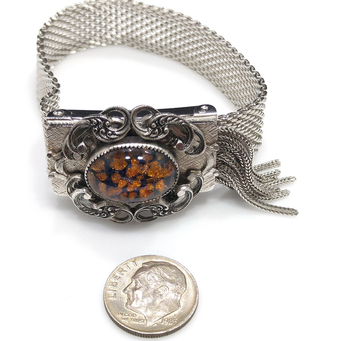 Whiting & Davis Co. Mesh Glitter Glass Bracelet, Adjustable Slide Clasp, 1950s Vintage Jewelry