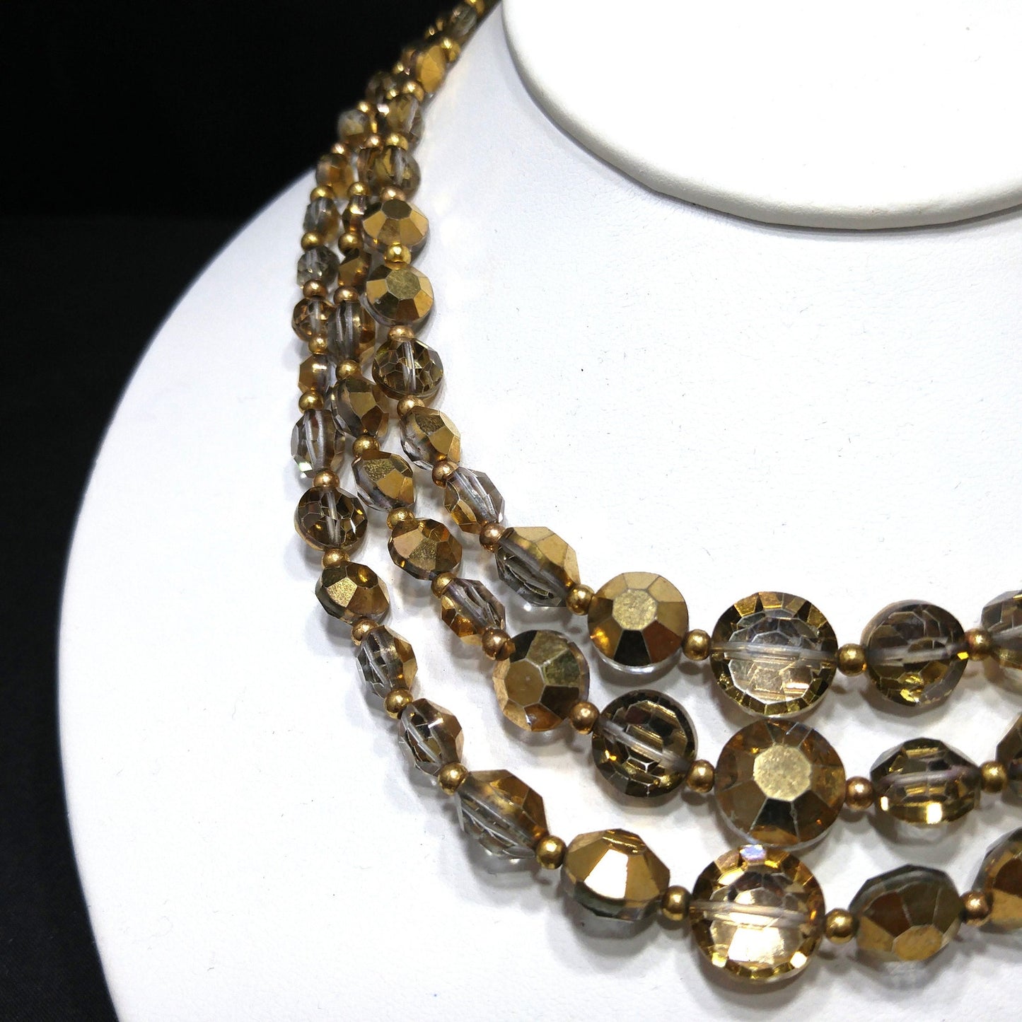 Mid-Century Gold Aspirin Crystal Bead Necklace, Three Strands, 1960s Vintage Jewelry