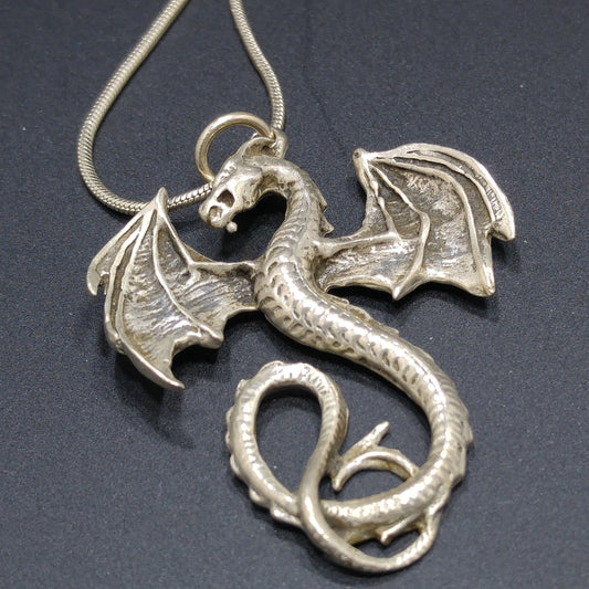 Silver Dragon Pendant Necklace, 925 Italy Snake Chain, 1970s Vintage Jewelry