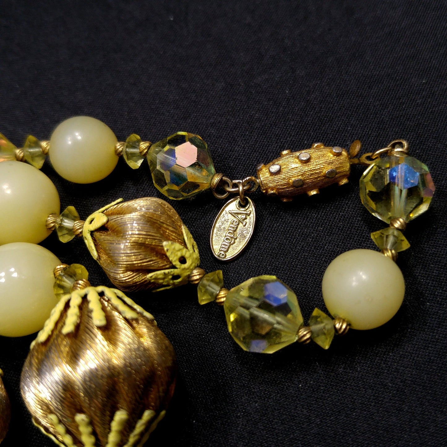 Vendome Gold Twist & AB Crystal Bead Necklace, Yellow Bead Caps, Gold Plated, 1960s Vintage Jewelry