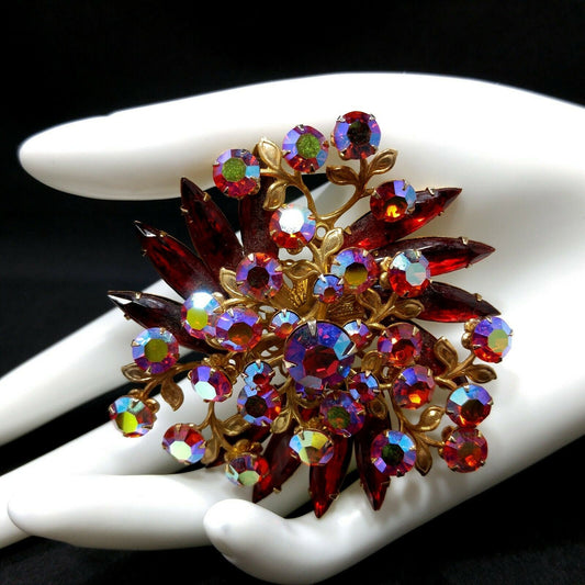 Mid-century Red Aurora Borealis Rhinestone Floral Brooch, Riveted Design, 1950s Vintage Jewelry