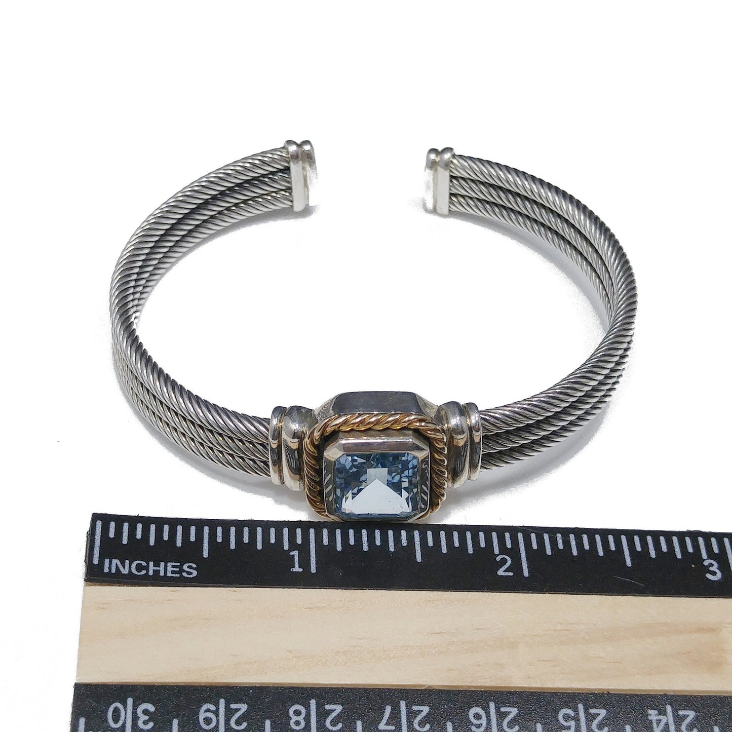 Blue Topaz Sterling Gold Trim Cuff Bracelet, Thailand 925 14K, 1990s Vintage Jewelry