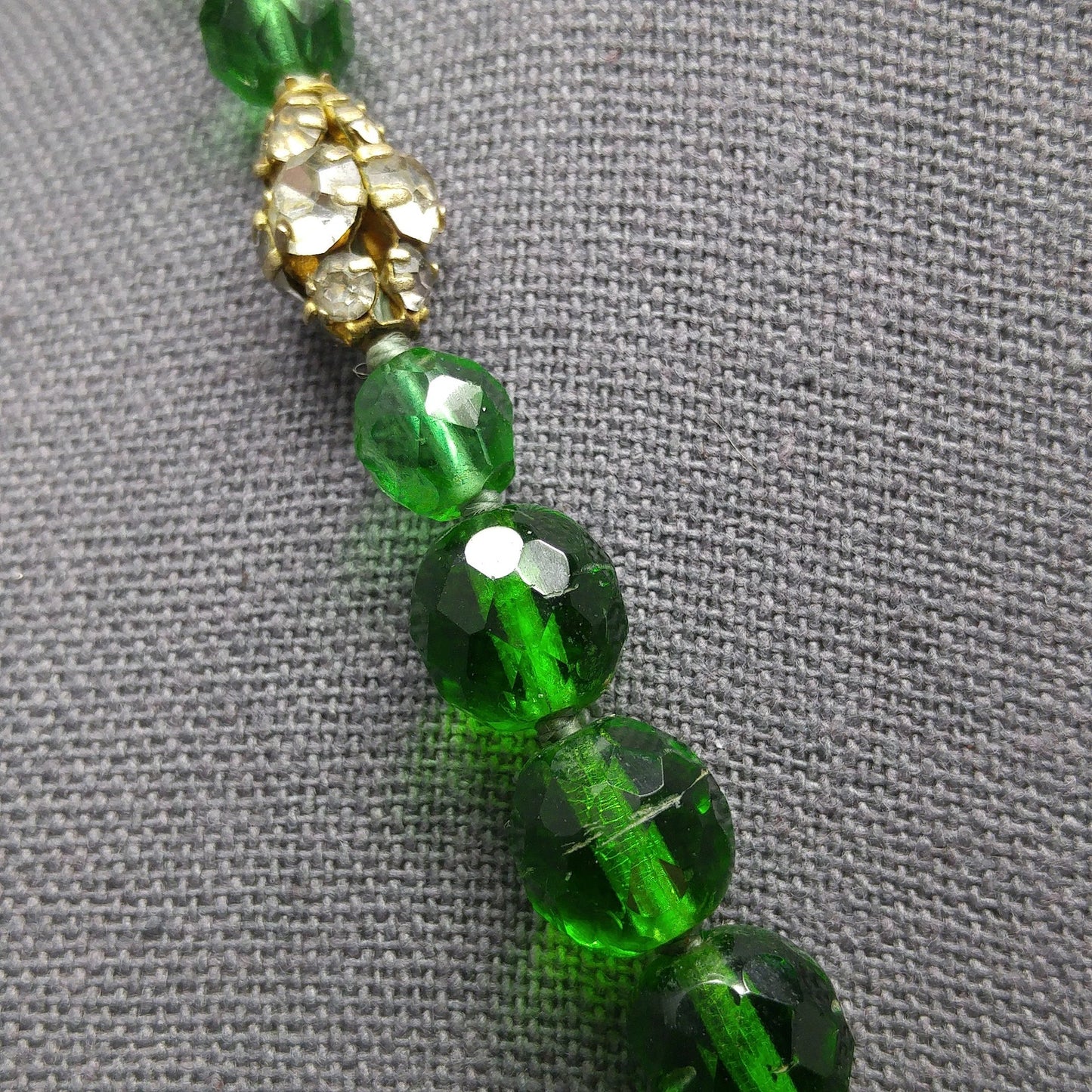 Green Czech Glass Pendant Necklace, Clear Rhinestones, 1950s Vintage Jewelry