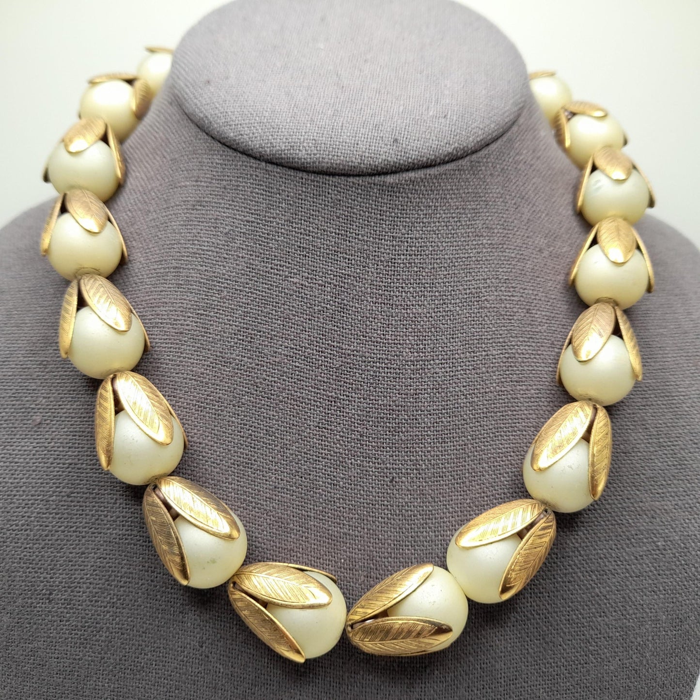 Lenora Dame Faux Pearl Necklace, Gold Tone Leaf Caps, Vintage Jewelry