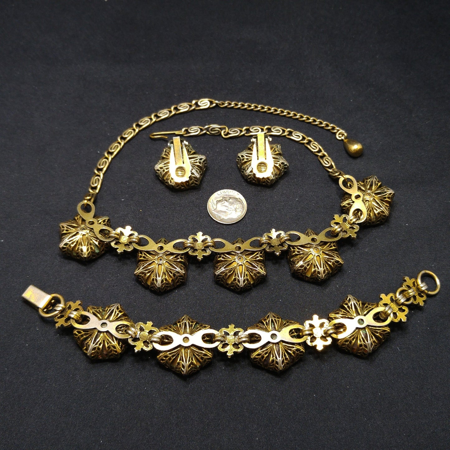 Vintage Topaz Glass Necklace Bracelet Earrings Set, Filigree Golden Brass, 1950s Vintage Jewelry