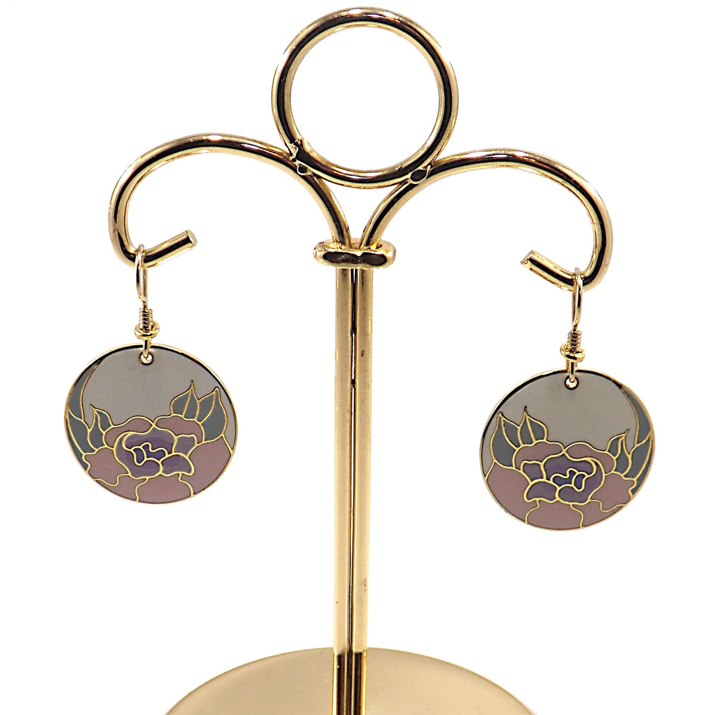 Laurel Burch "Garden Rose" Earrings, Cloisonné Gold Plated, 1980s
