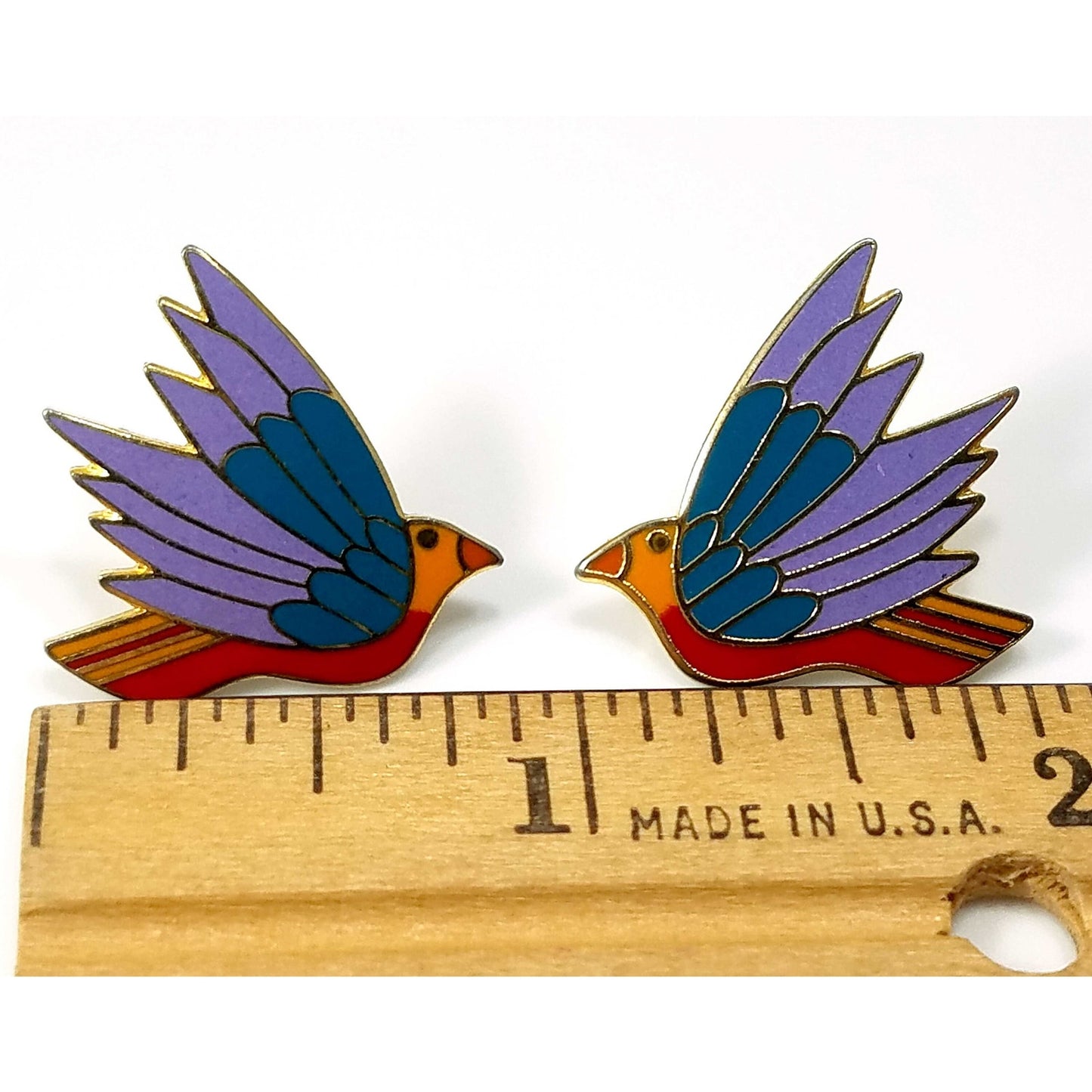 Laurel Burch "Celeste" Bird Earrings, Gold Plated Cloisonne Enamel, 1980s
