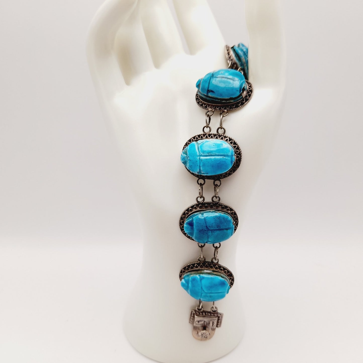 Antique Art Deco Silver Egyptian Revival Scarab Bracelet