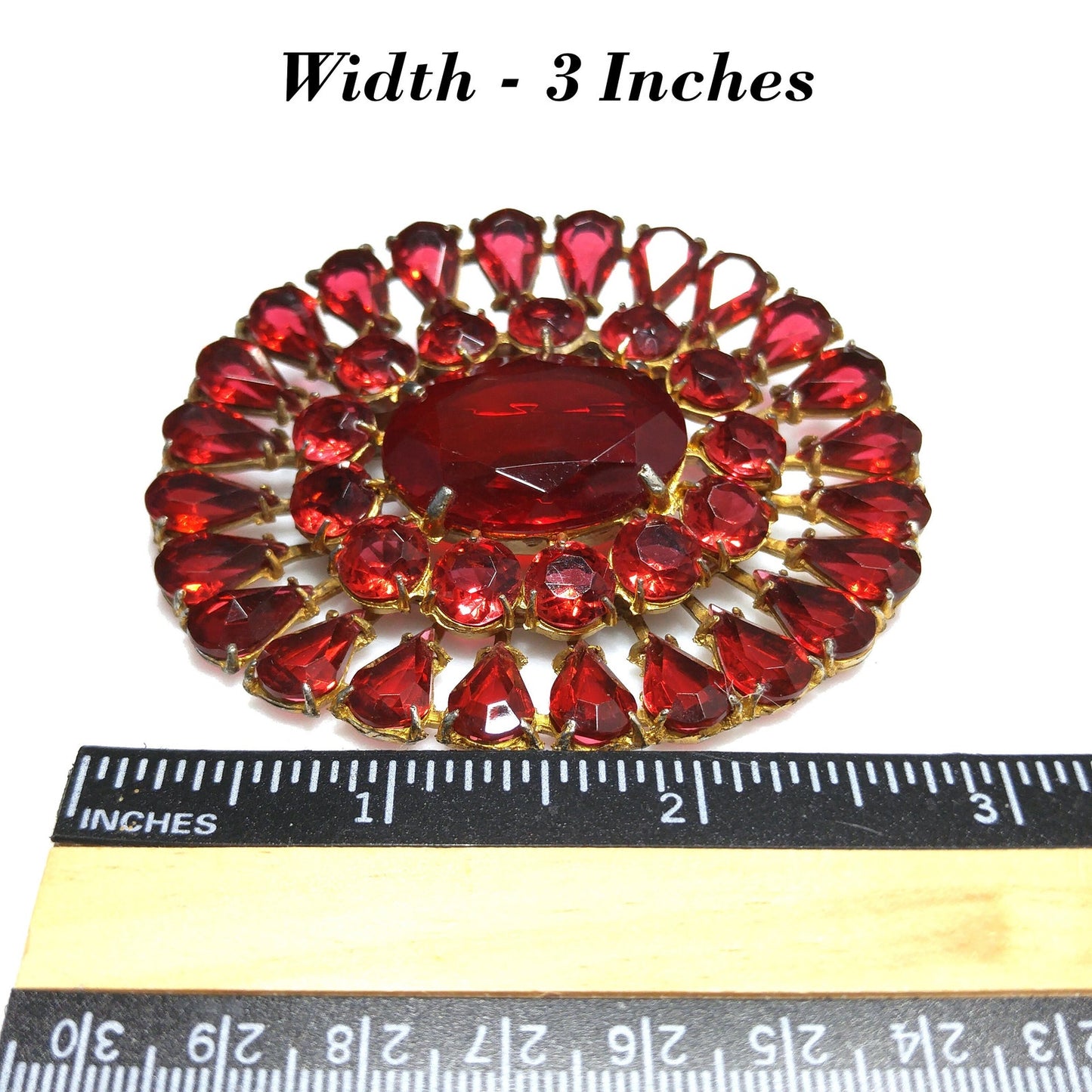 Large Red Rhinestone Sash Pin Brooch, Faceted Red Glass Stone Center, 1940s Vintage Jewelry