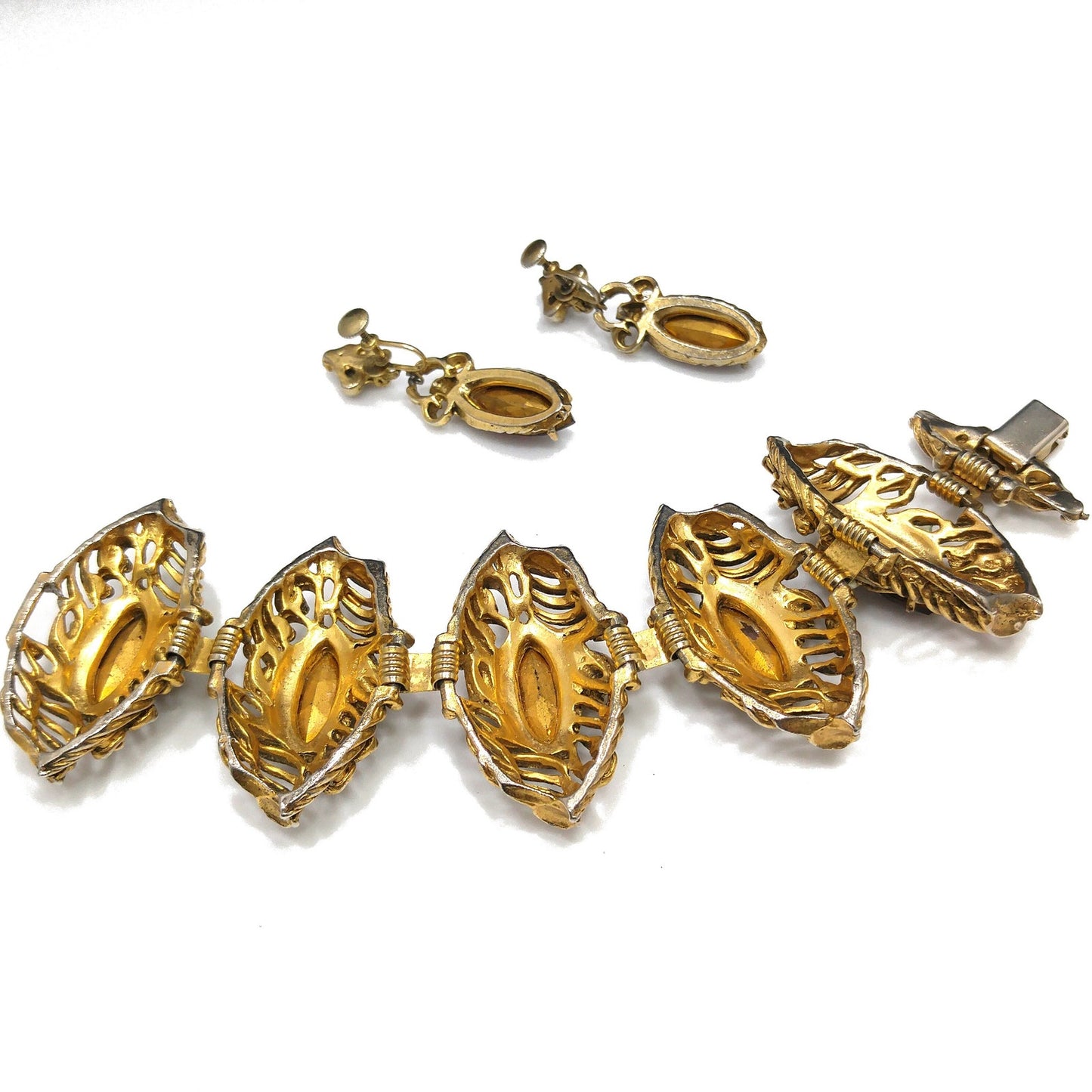 Mid-Century Purple Rhinestone Wide Bracelet Dangle Earrings Set, 1950s Vintage Jewelry
