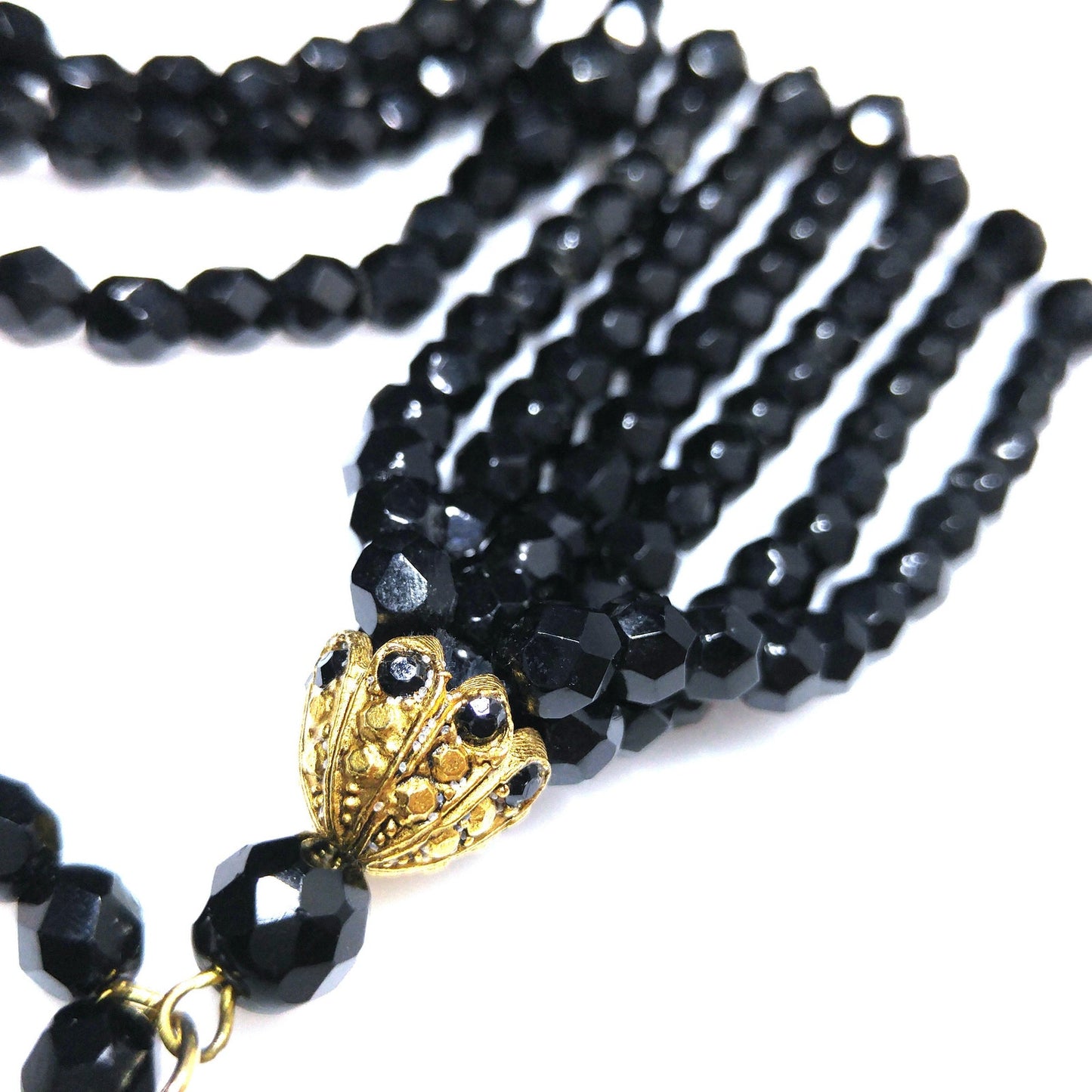 Robert Rose Black Crystal Beaded Tassel Necklace, 50 Inch, 1990s Vintage