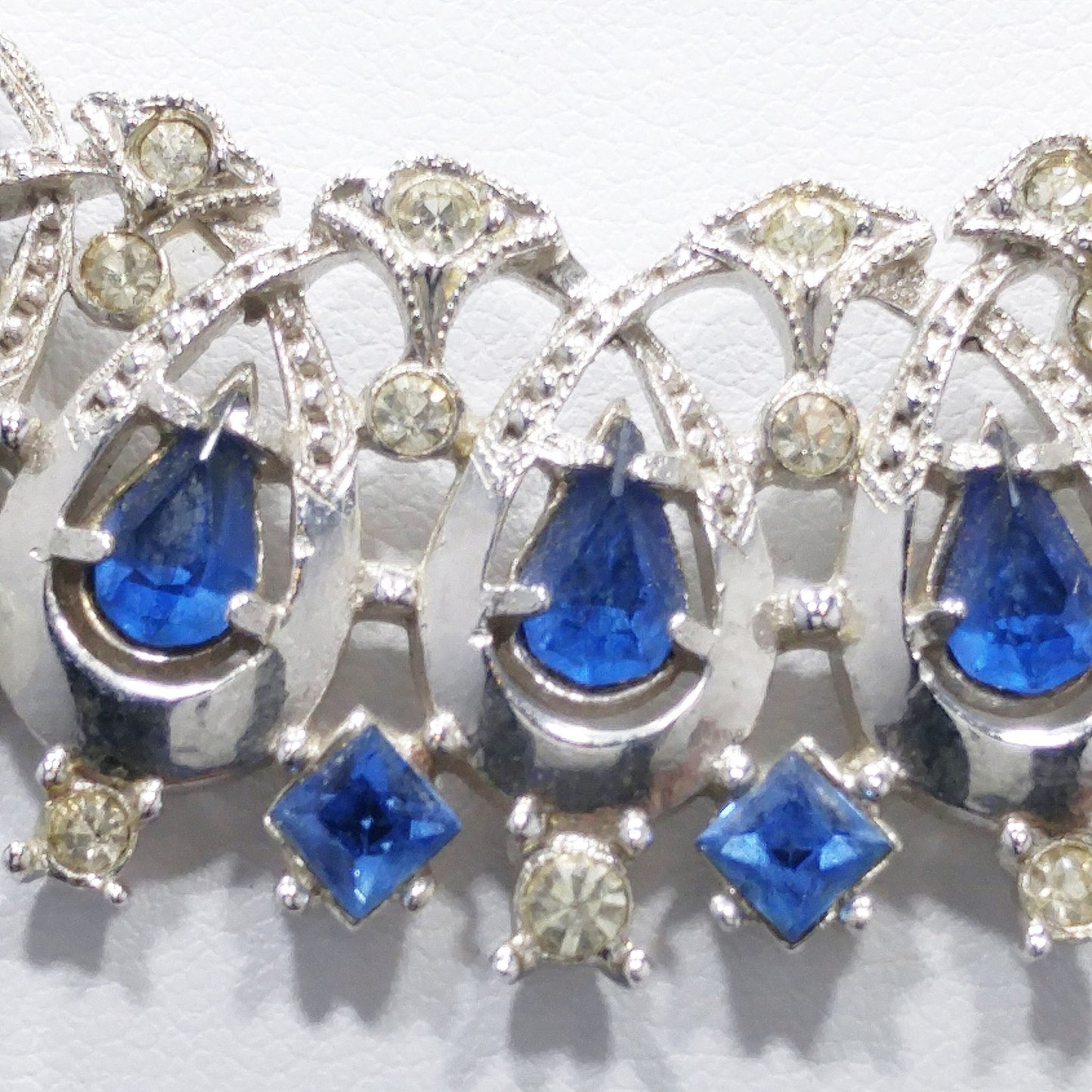 Lustern Blue Rhinestone Silver Tone Necklace, Louis Stern Gold Plated, 1940s Vintage Jewelry