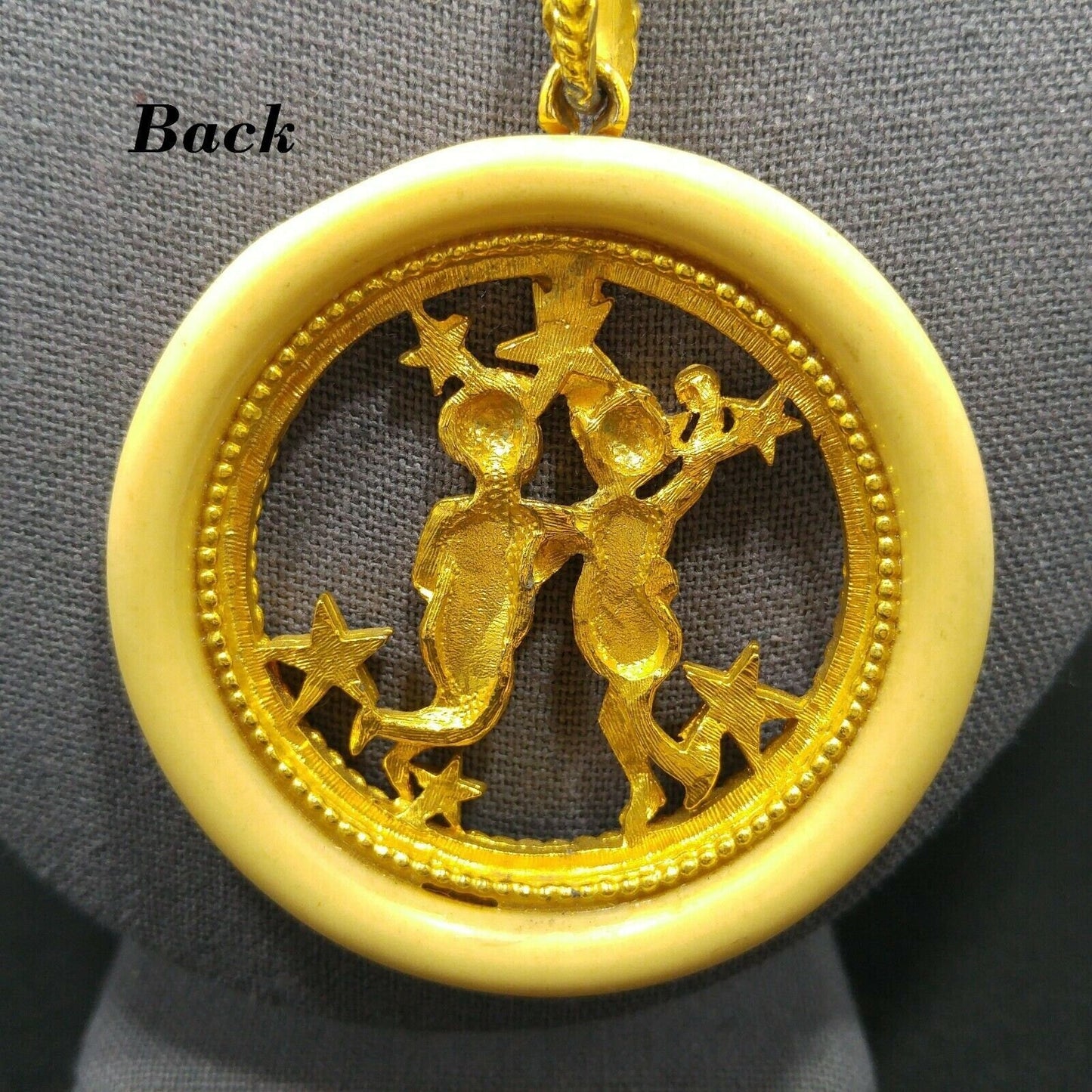 Vintage Zodiac Gemini Enamel Lucite Pendant Necklace, Original Tag, 1960s Vintage Jewelry