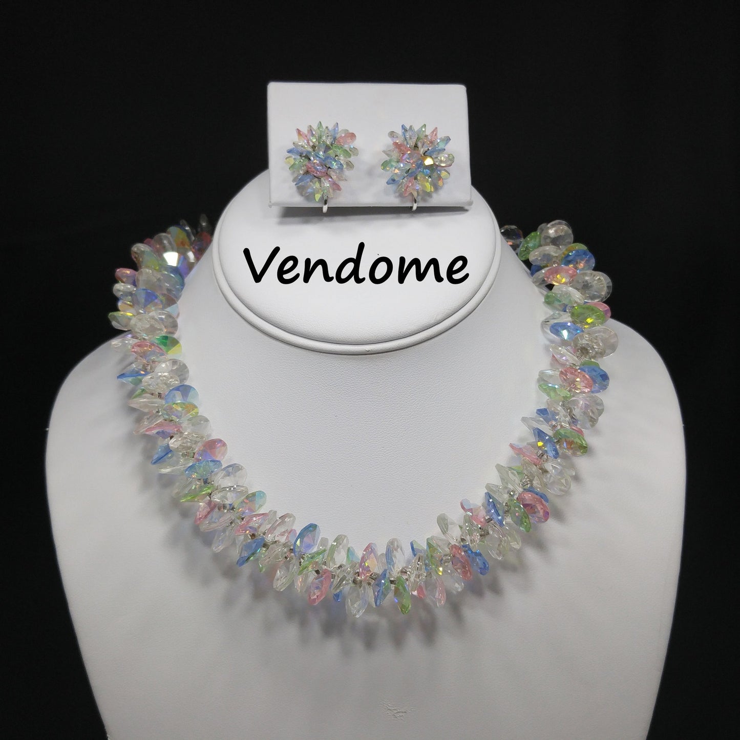 Vendome Pastel Lucite Beaded Necklace & Earrings, Aurora Borealis, 1960s Vintage Jewelry