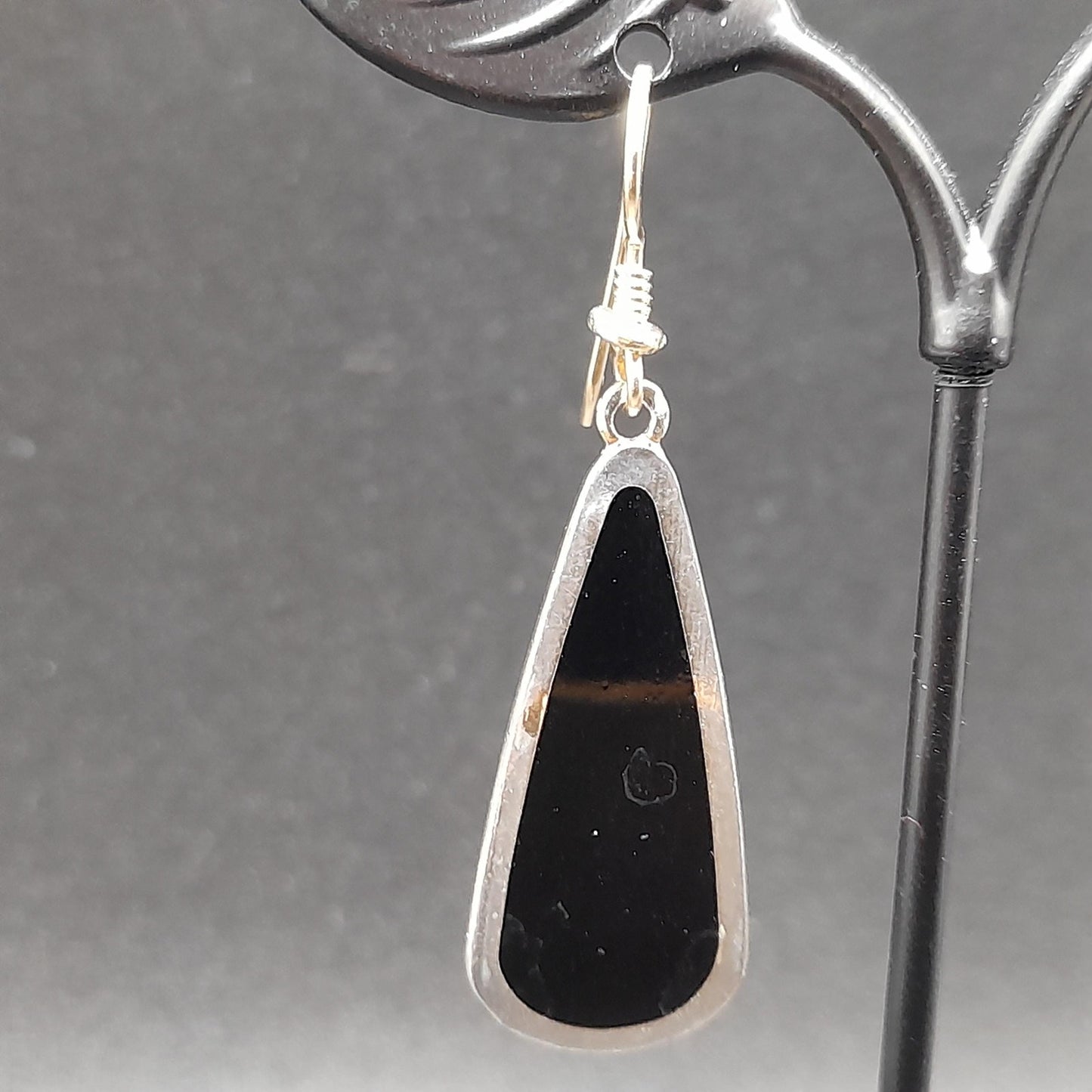 Vintage Laurel Burch Long Teardrop Black Enamel Earrings, Gold Plated 1980s