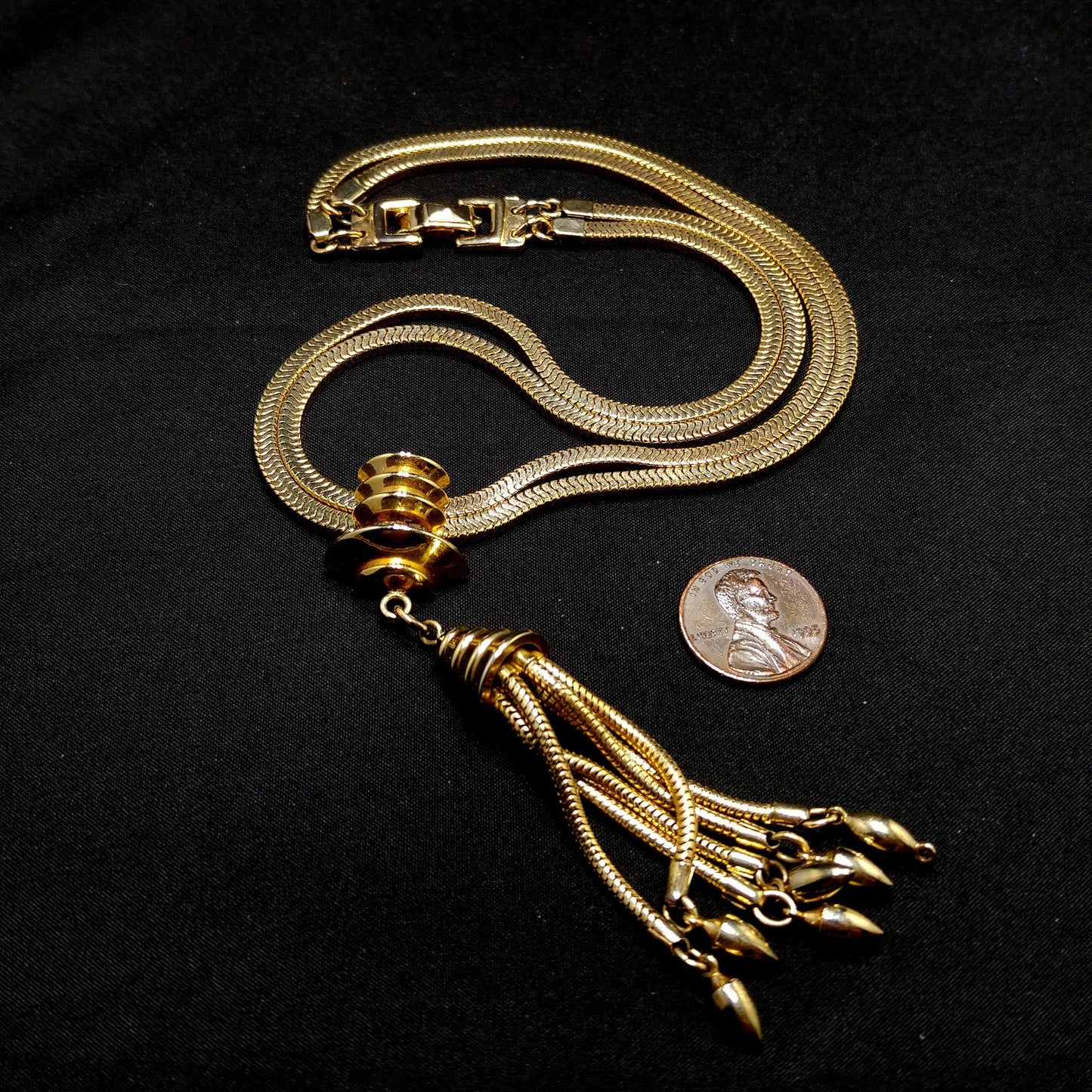 Barclay Snake Chain Tassel Necklace, Gold Plated, 1950s Vintage Jewelry
